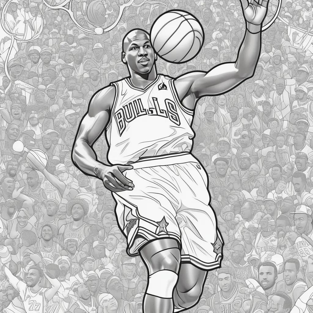 drawing of a man playing basketball with a crowd in the background