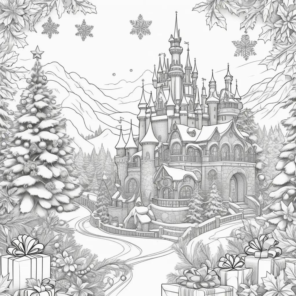 drawing of a snowy castle and presents during Christmas