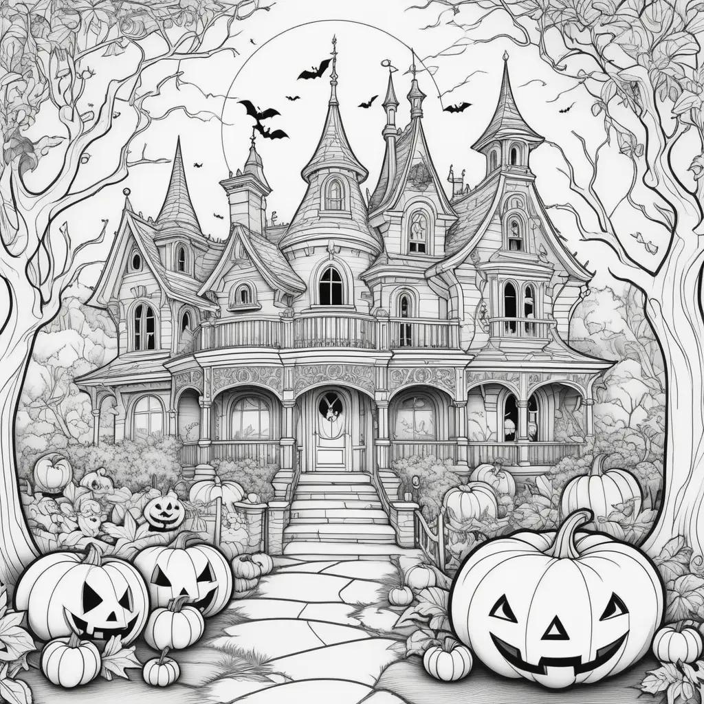 drawing of a spooky Halloween house and pumpkins