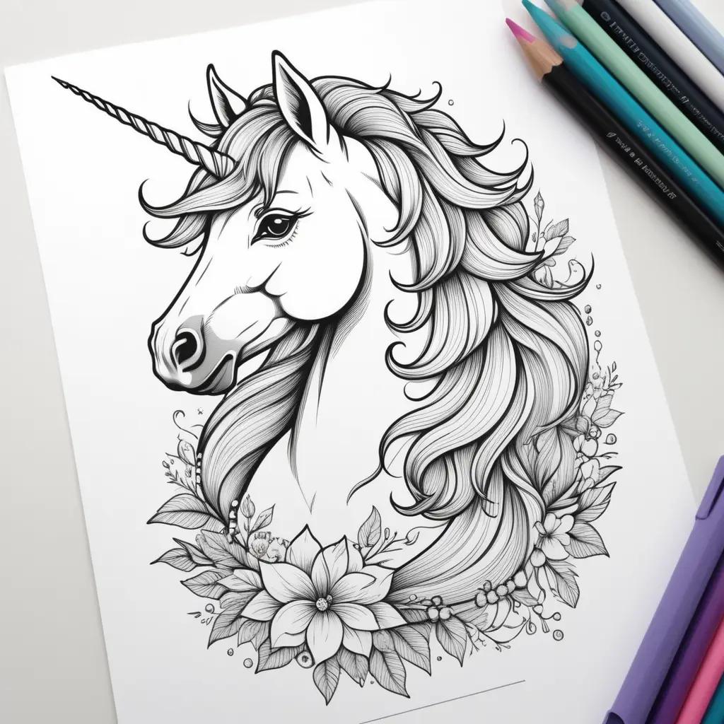 drawing of a unicorn with flowers around it