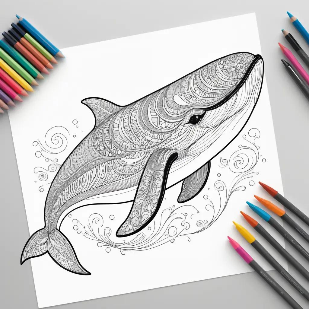 drawing of a whale on coloring pages with various colored pencils