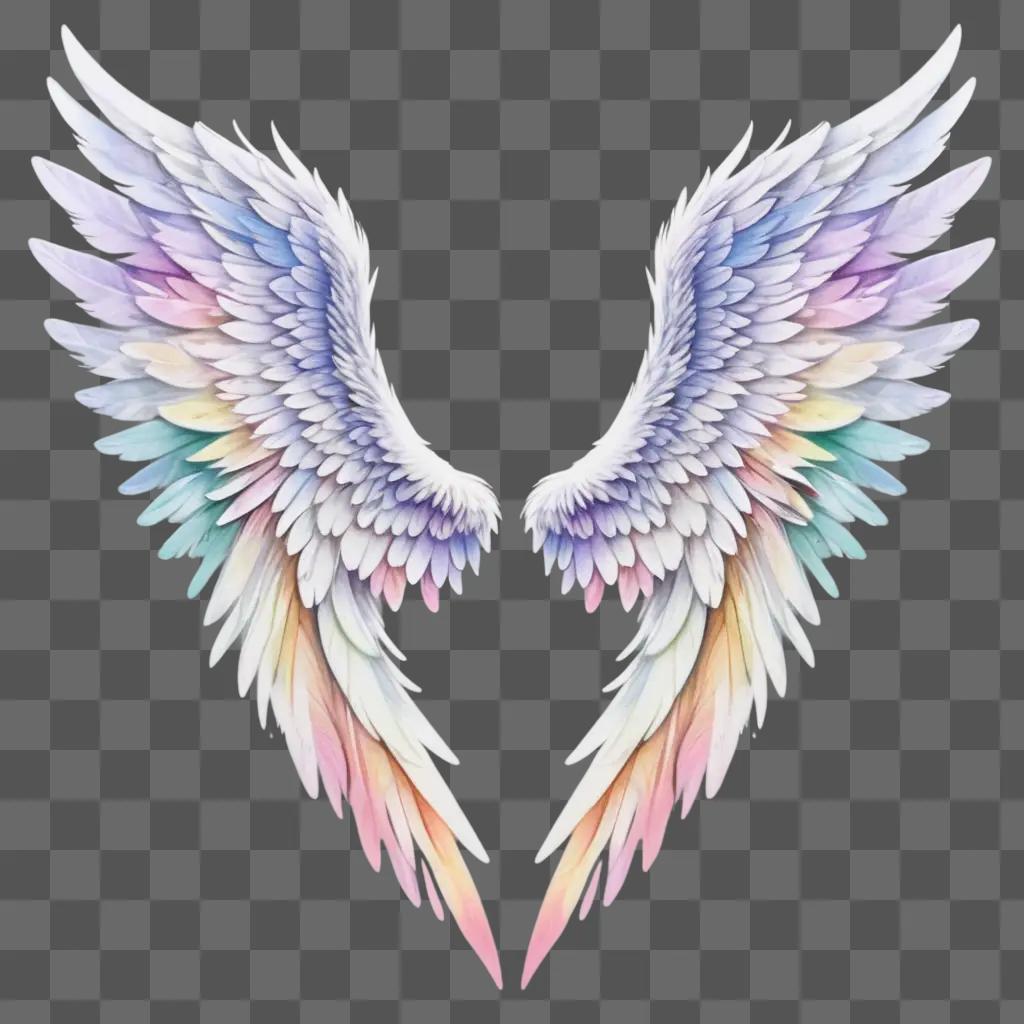 drawing of angel wings in a rainbow of colors