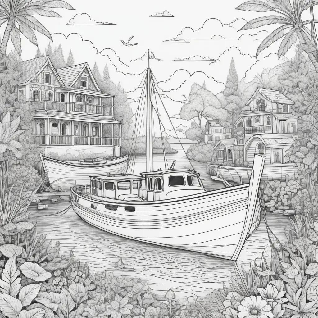 木々を背景に川に浮かぶボートの絵
