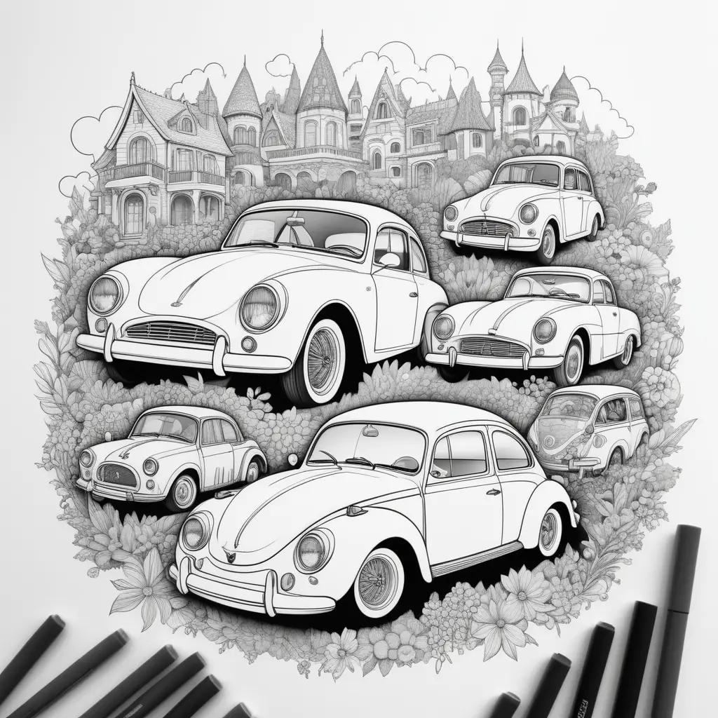 drawing of cars in a black and white coloring page