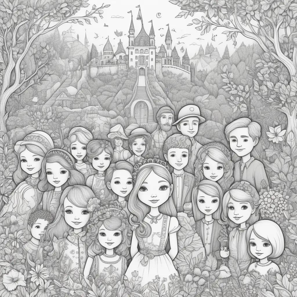 drawing of people in a forest with a castle in the background