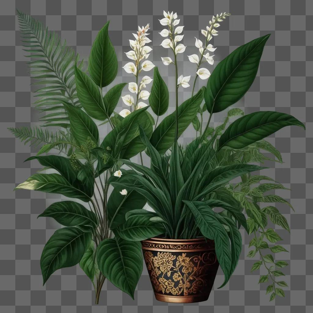 drawing of plants in a pot on a green background