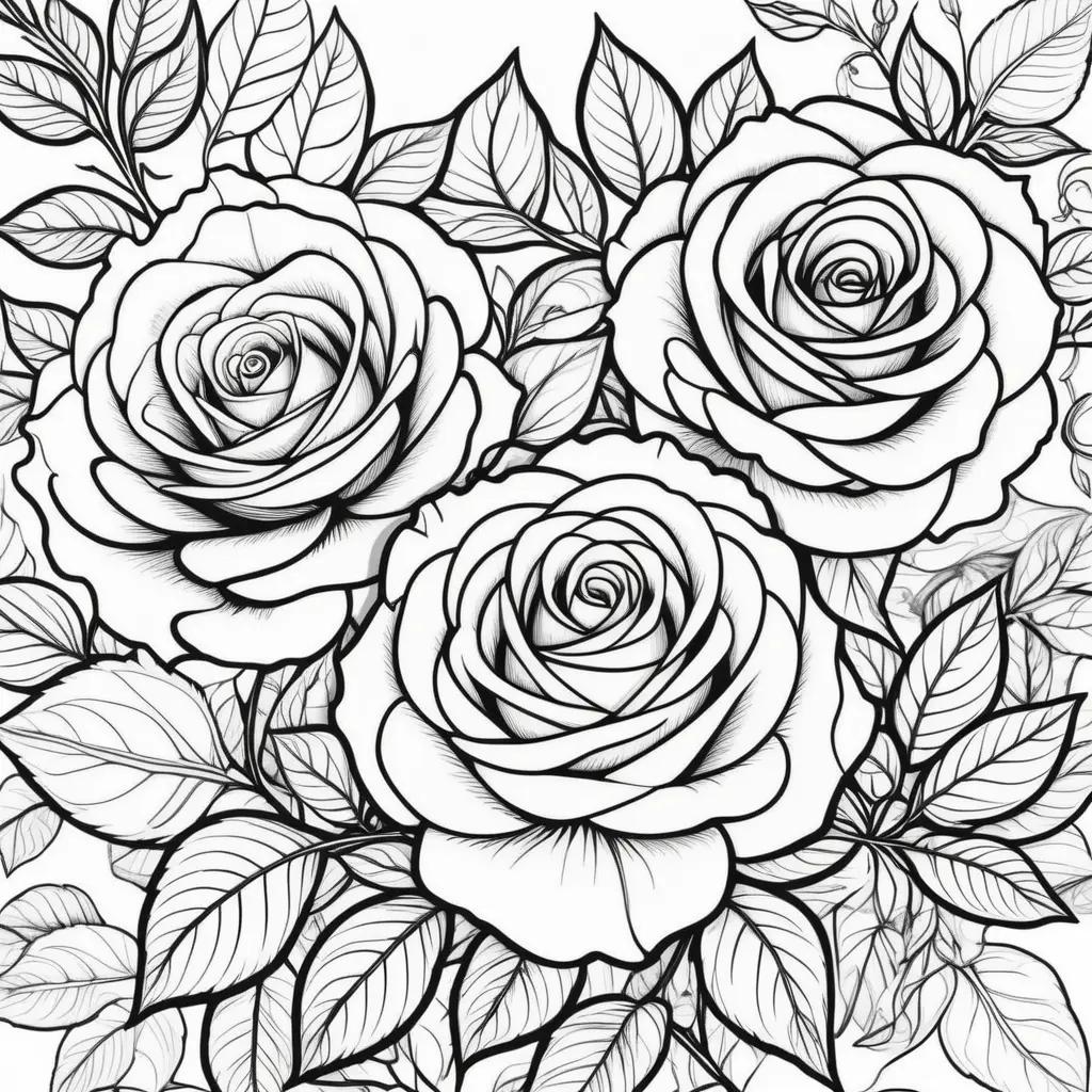 drawing of roses and leaves in black and white