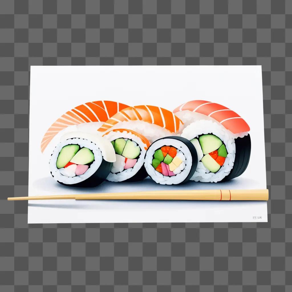 drawing of sushi rolls with chopsticks