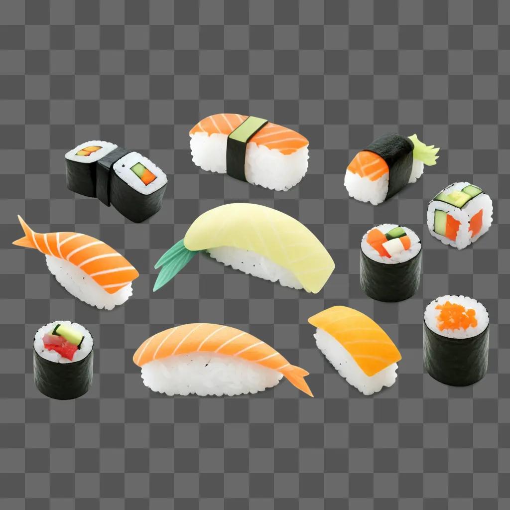 drawing of various types of sushi on a beige background