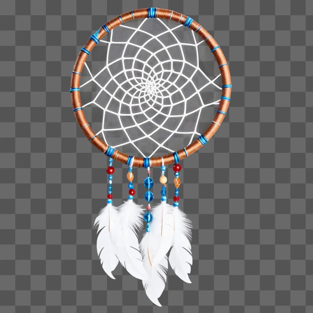 dream catcher with feathers and beads hangs from a white string