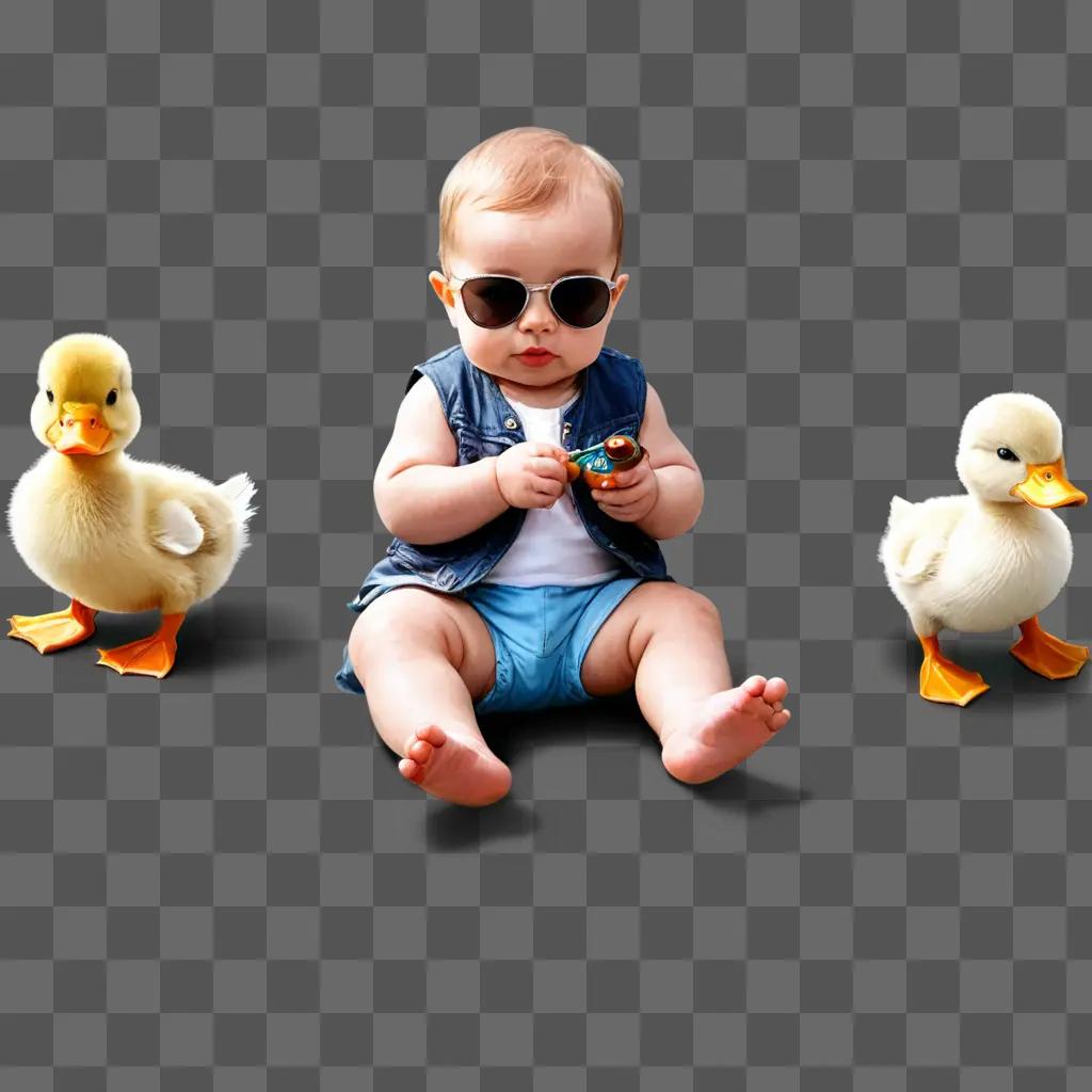 duck drawing realistic A baby with sunglasses sitting in front of two ducks