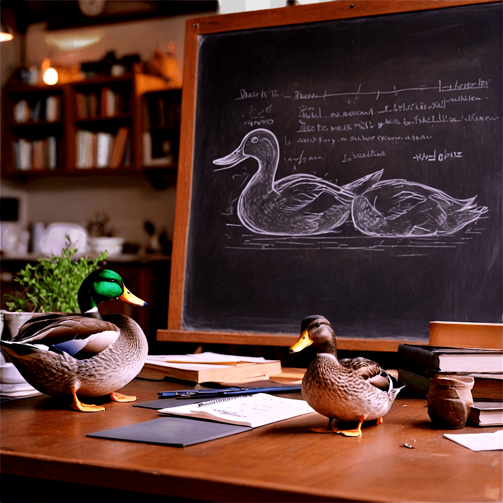 duck drawing realistic Birds sit on desk in front of chalkboard