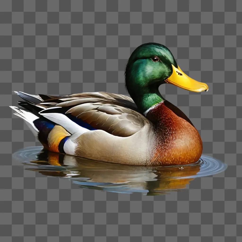 duck drawing with colour A duck with a yellow beak and green head is floating in the water