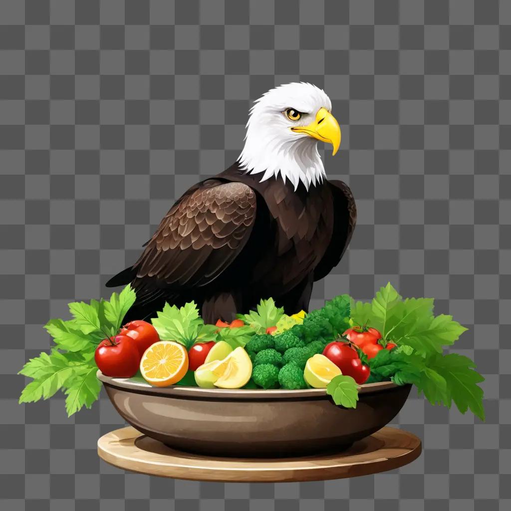 eagle clipart A bald eagle perches on a bowl of salad