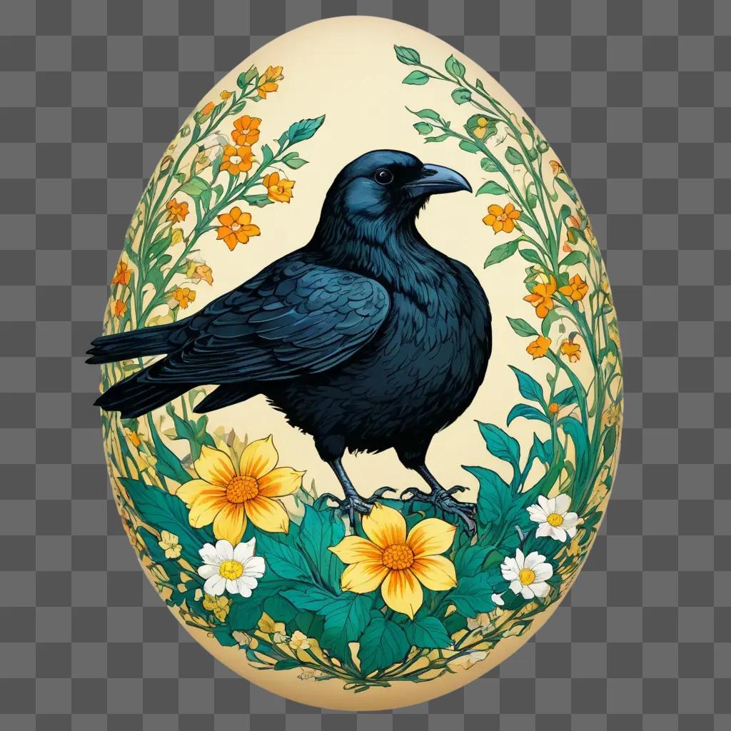 egg drawing with colour A black bird perches on a floral egg