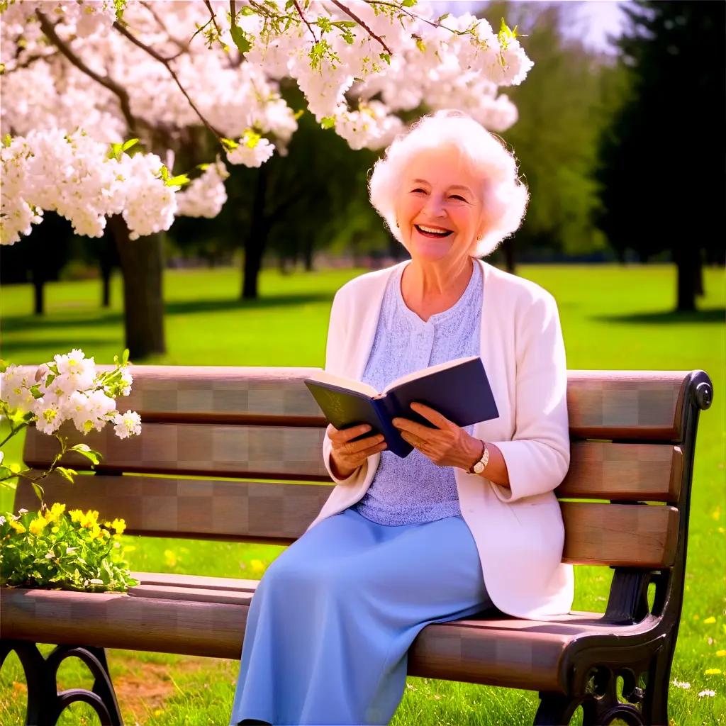 elderly woman sits on a bench and smiles