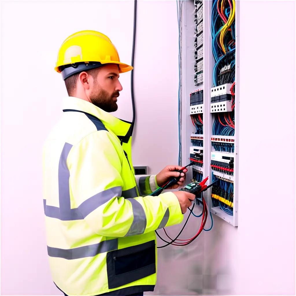 electrician checks a circuit board with a multimeter