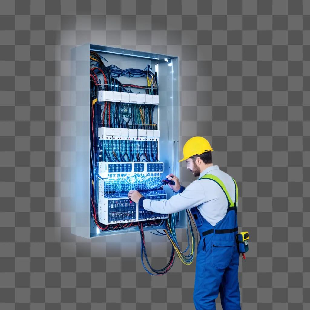 electrician works on a large electrical panel