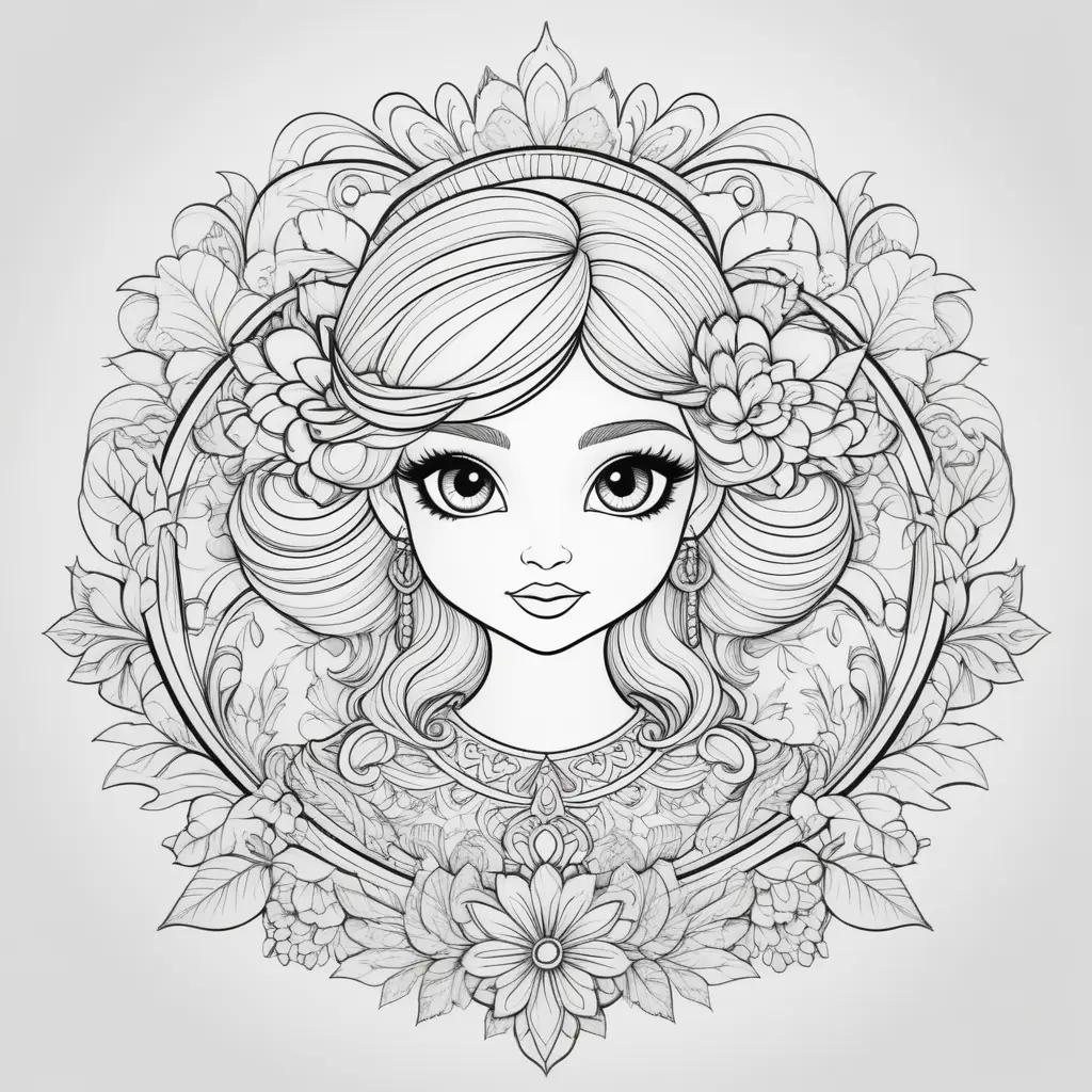 elegant drawing of a girl with a flower crown and shadow coloring page