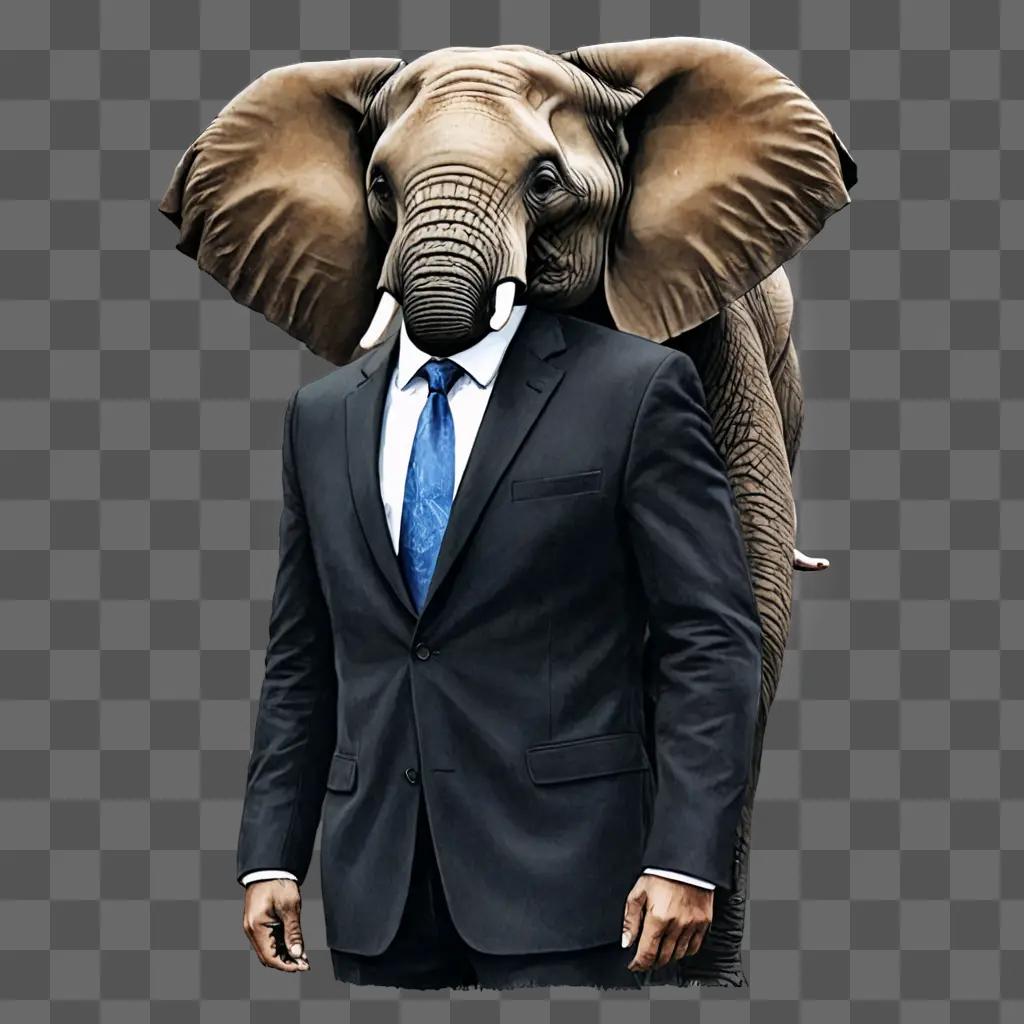 elephant drawing A man in a suit is wearing an elephants head