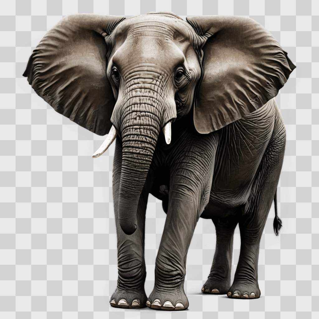 elephant drawing realistic A gray elephant with white tusks and long ears