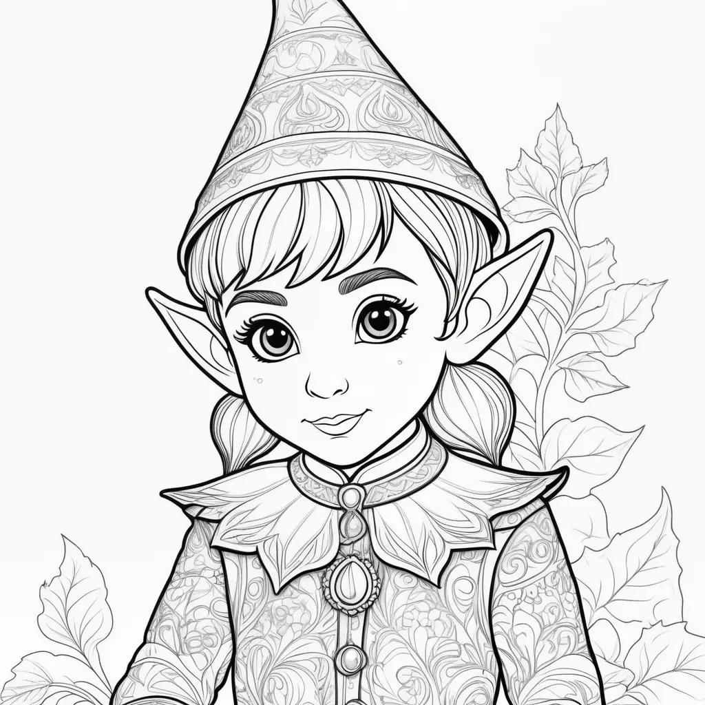 elf coloring page with a shelf of toys