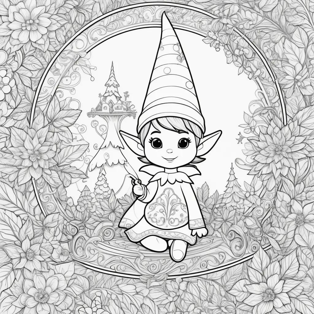 elf on shelf coloring page with a clock and flowers