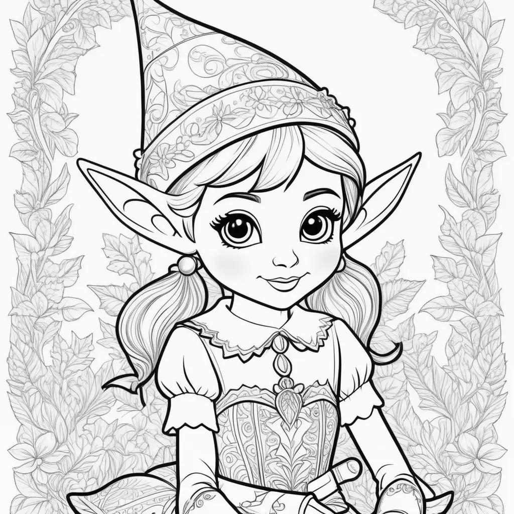 elf on the shelf coloring page with a girl in a dress and a hat