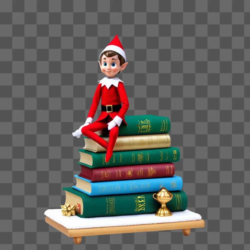 elf sits atop a stack of books