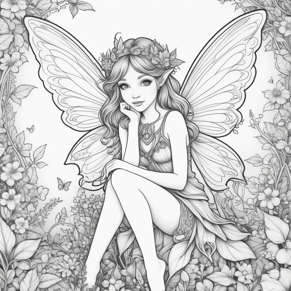 enchanting fairy coloring page with a lovely garden setting