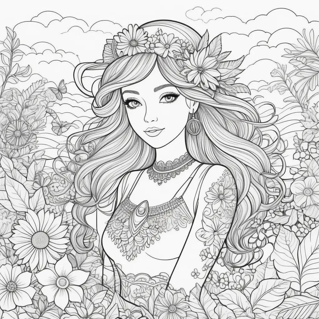 enchanting girl in a floral crown coloring pages summer