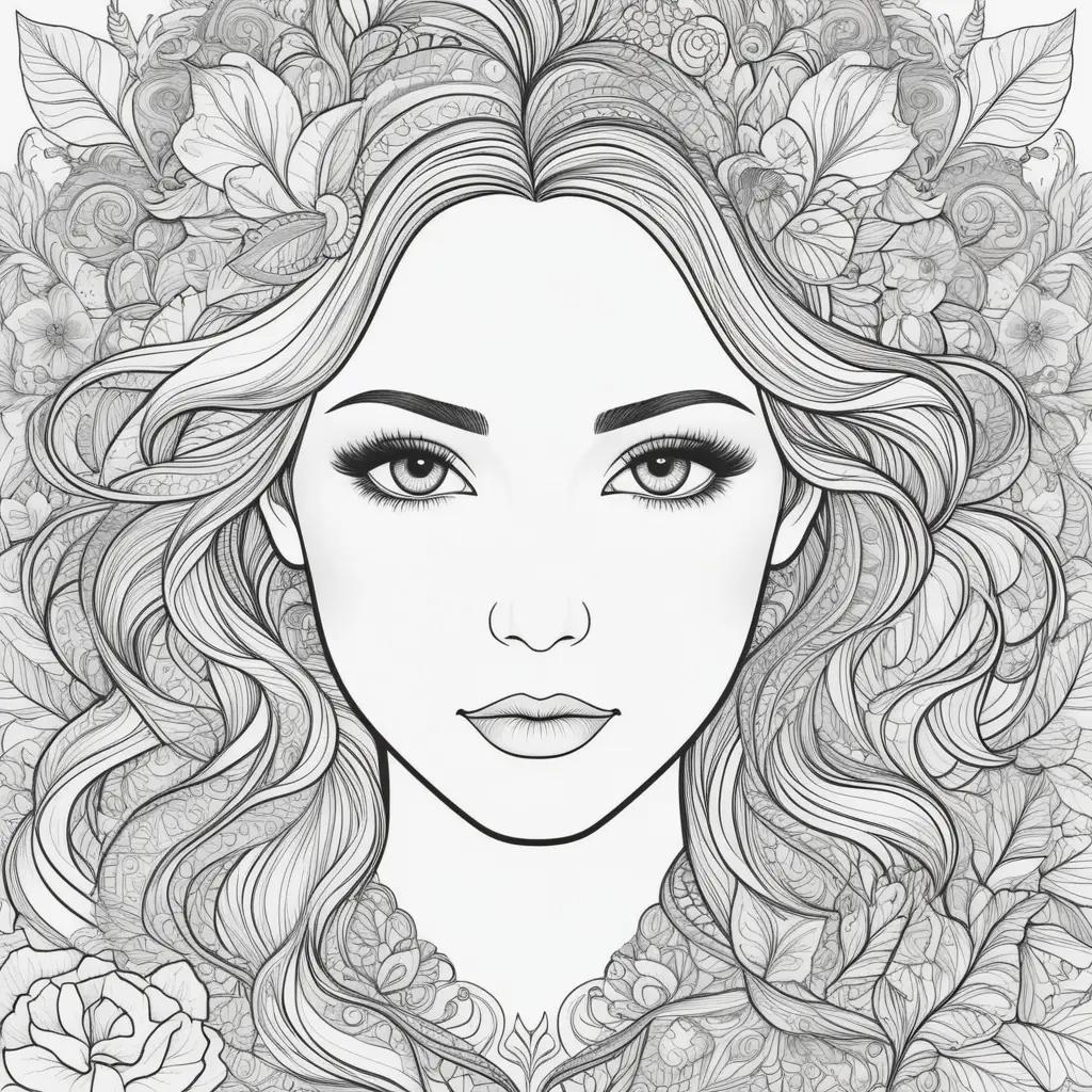 face coloring page with flowers and leaves