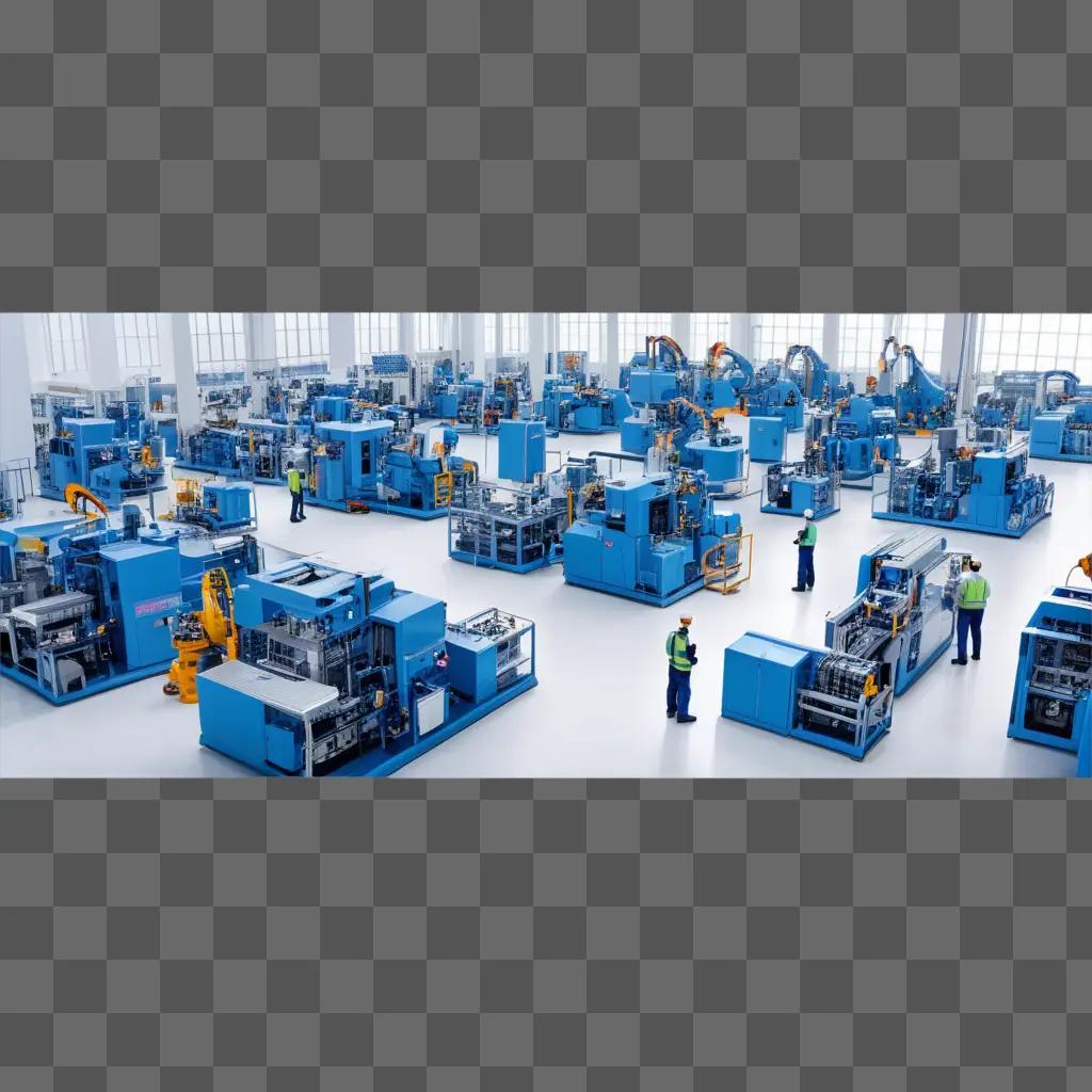 factory filled with blue machines and workers