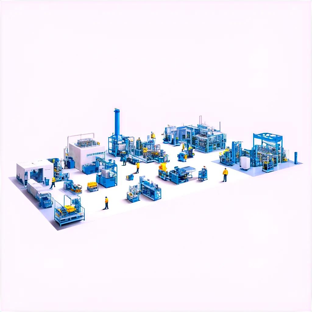 factory filled with workers and machinery