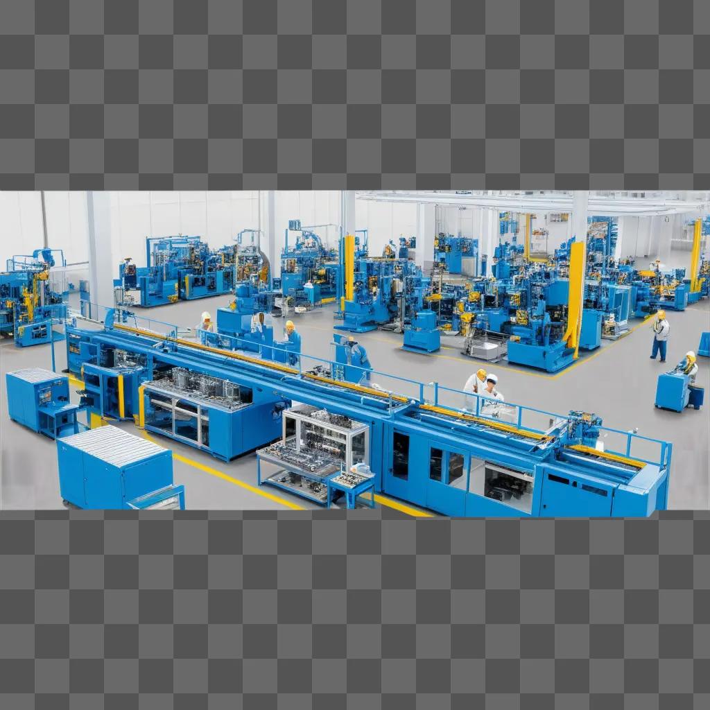 factory floor with blue machinery and workers