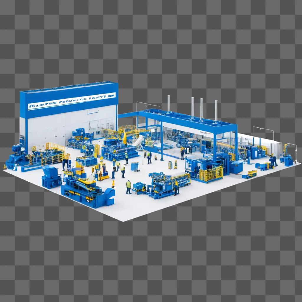 factory with blue machines and workers