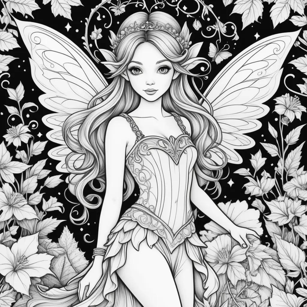 fairy coloring page with a black and white theme