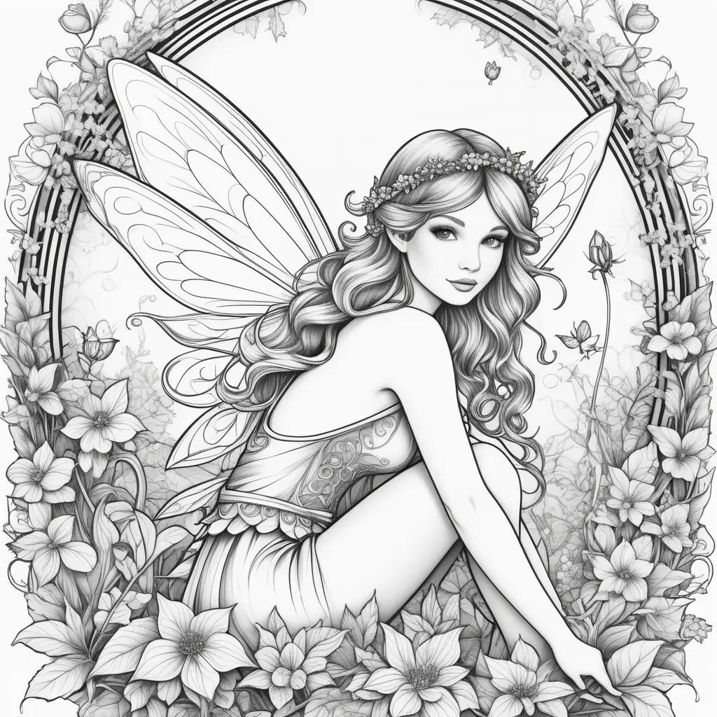 fairy coloring page with flowers and leaves