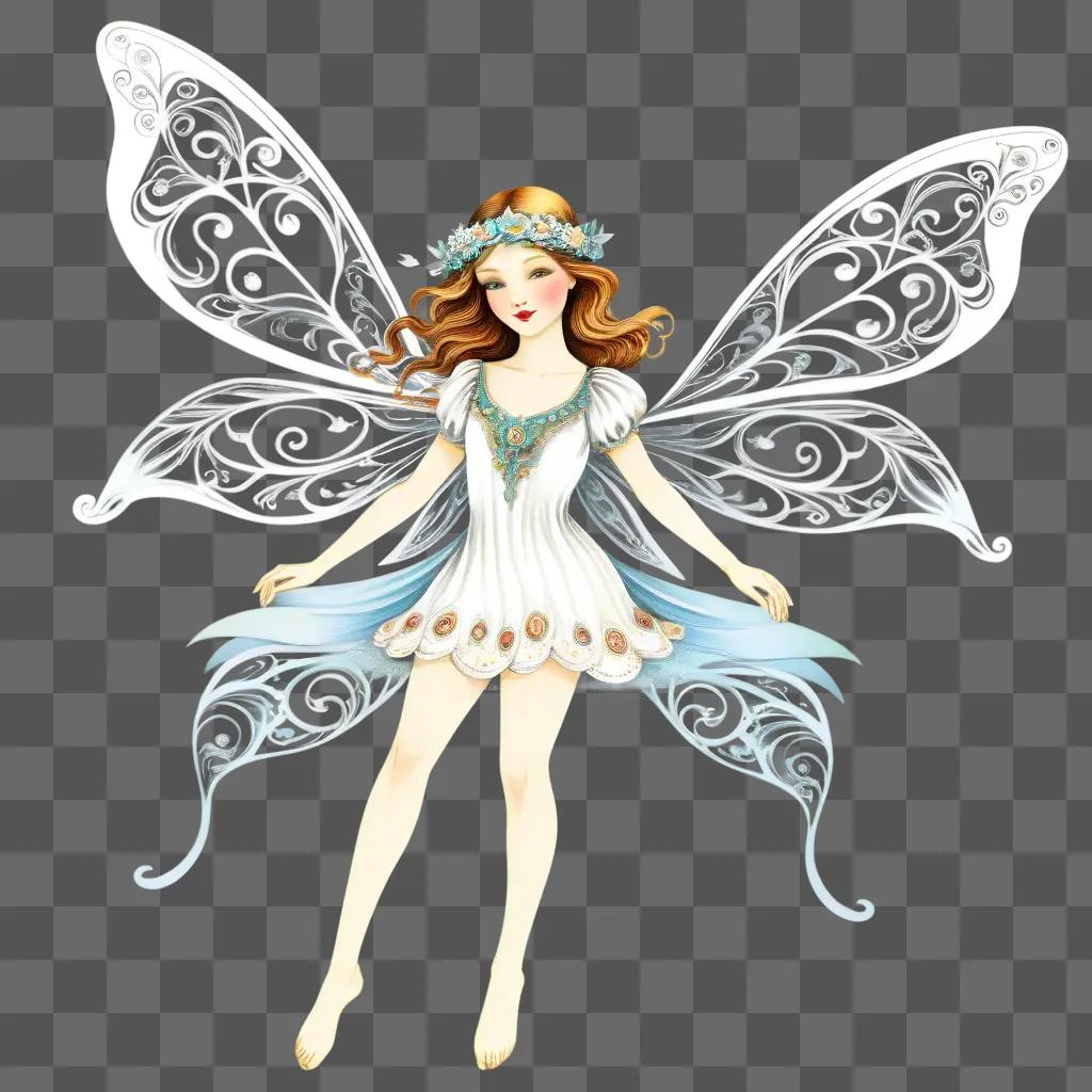 fairy in white dress with blue wings