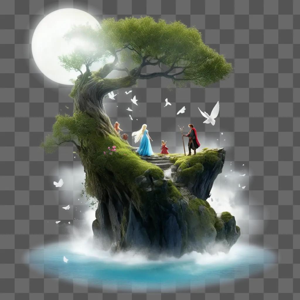 fairy tale is depicted with a boy, girl, and two fairies on a floating island