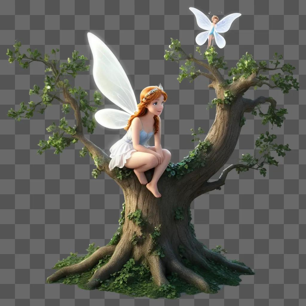 fairy with sparks on her wings sitting on a tree trunk