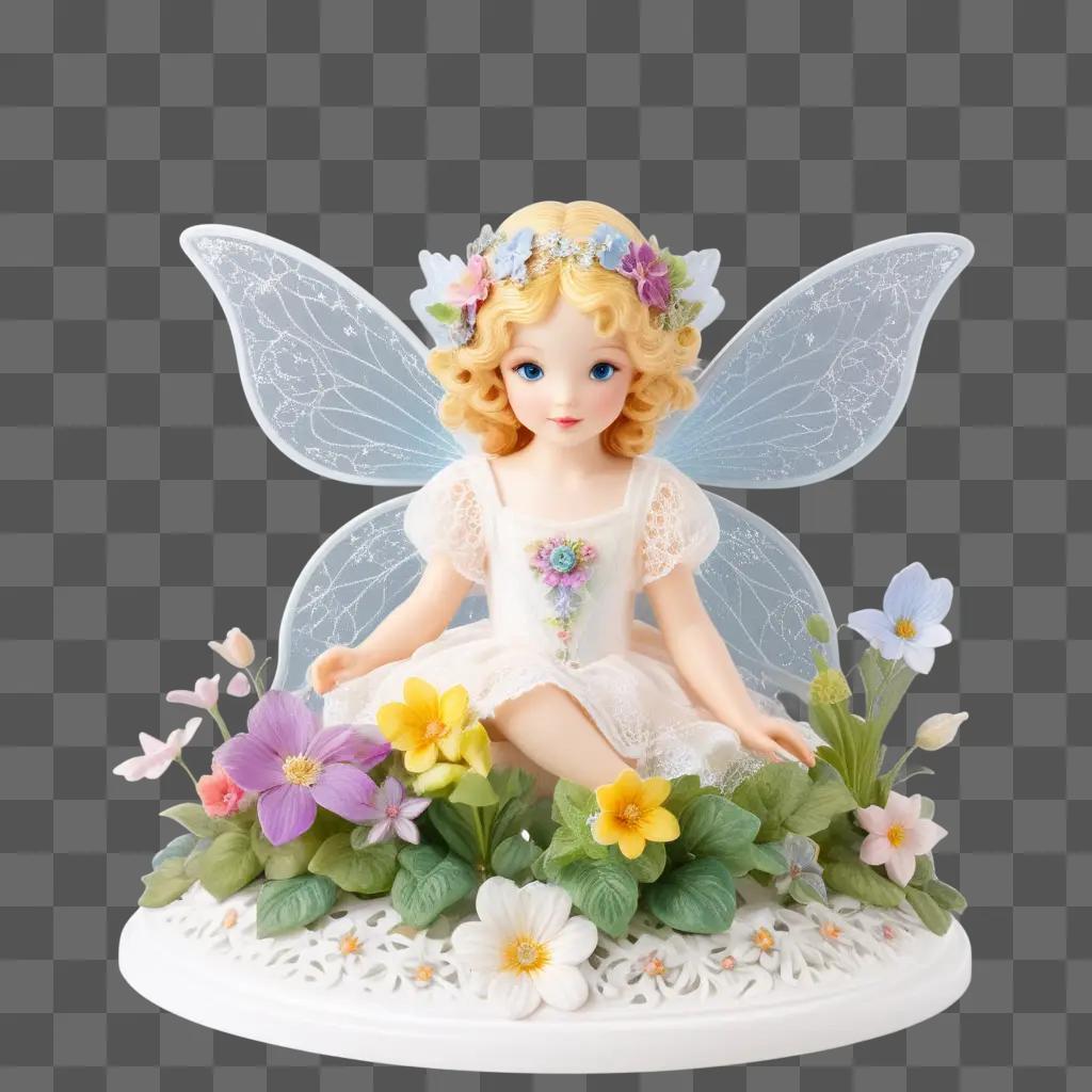 fairy with sprinkles on her dress sits on a flower bed