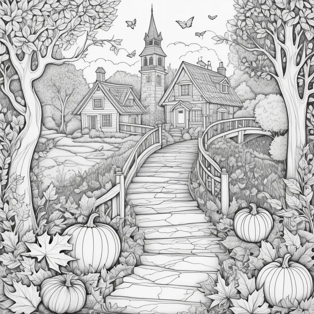 fall scene with a church and pumpkins