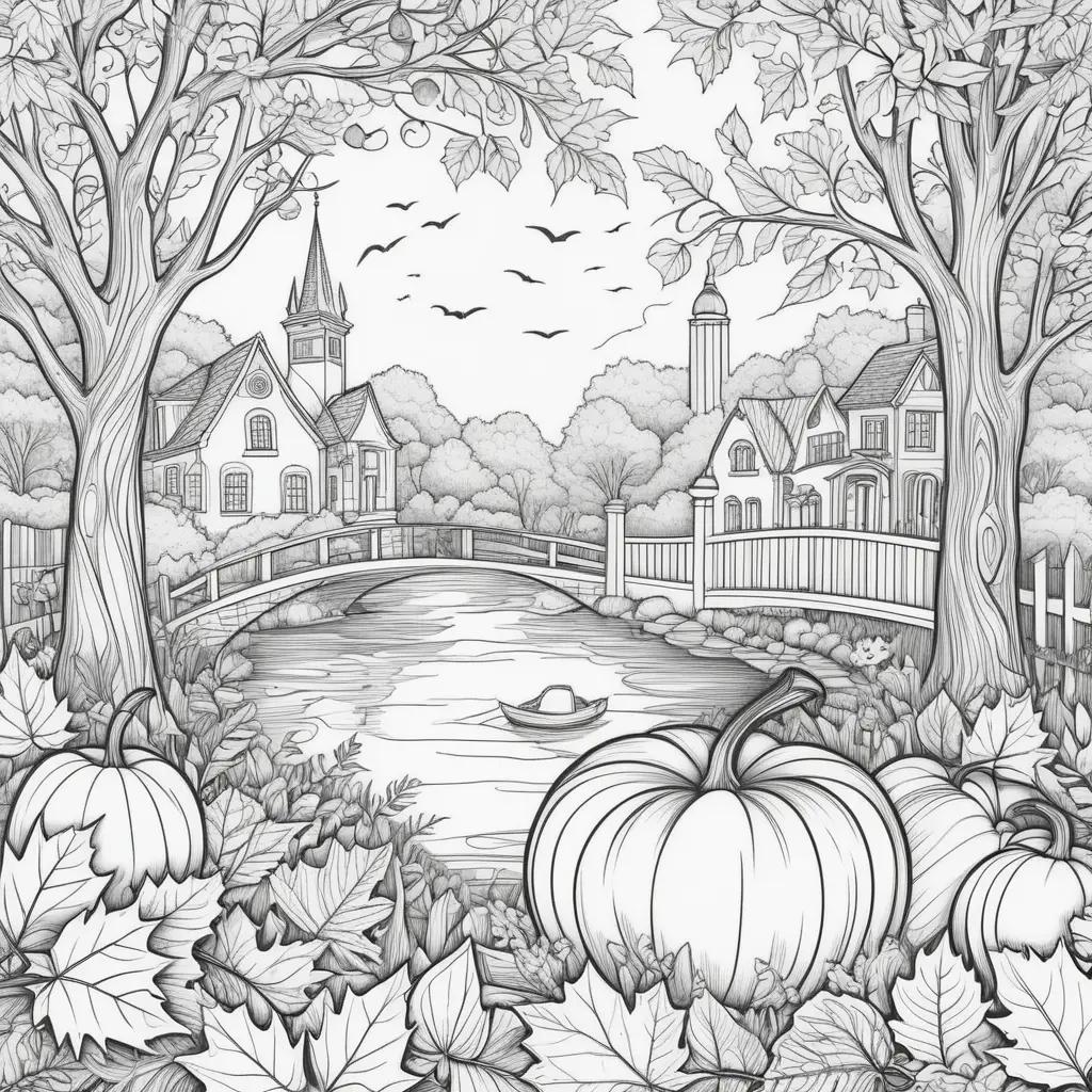 fall scene with pumpkins and a bridge