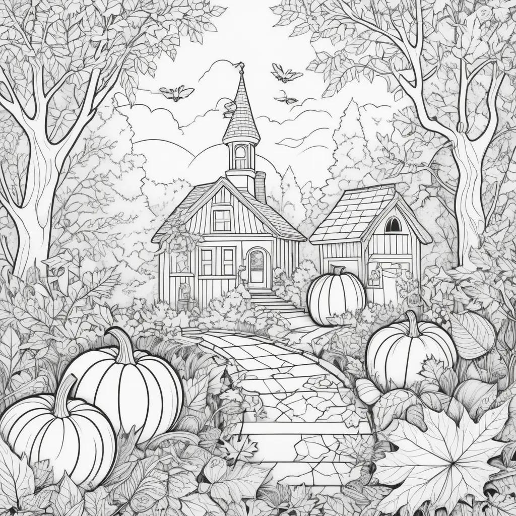 fall scene with pumpkins and a church