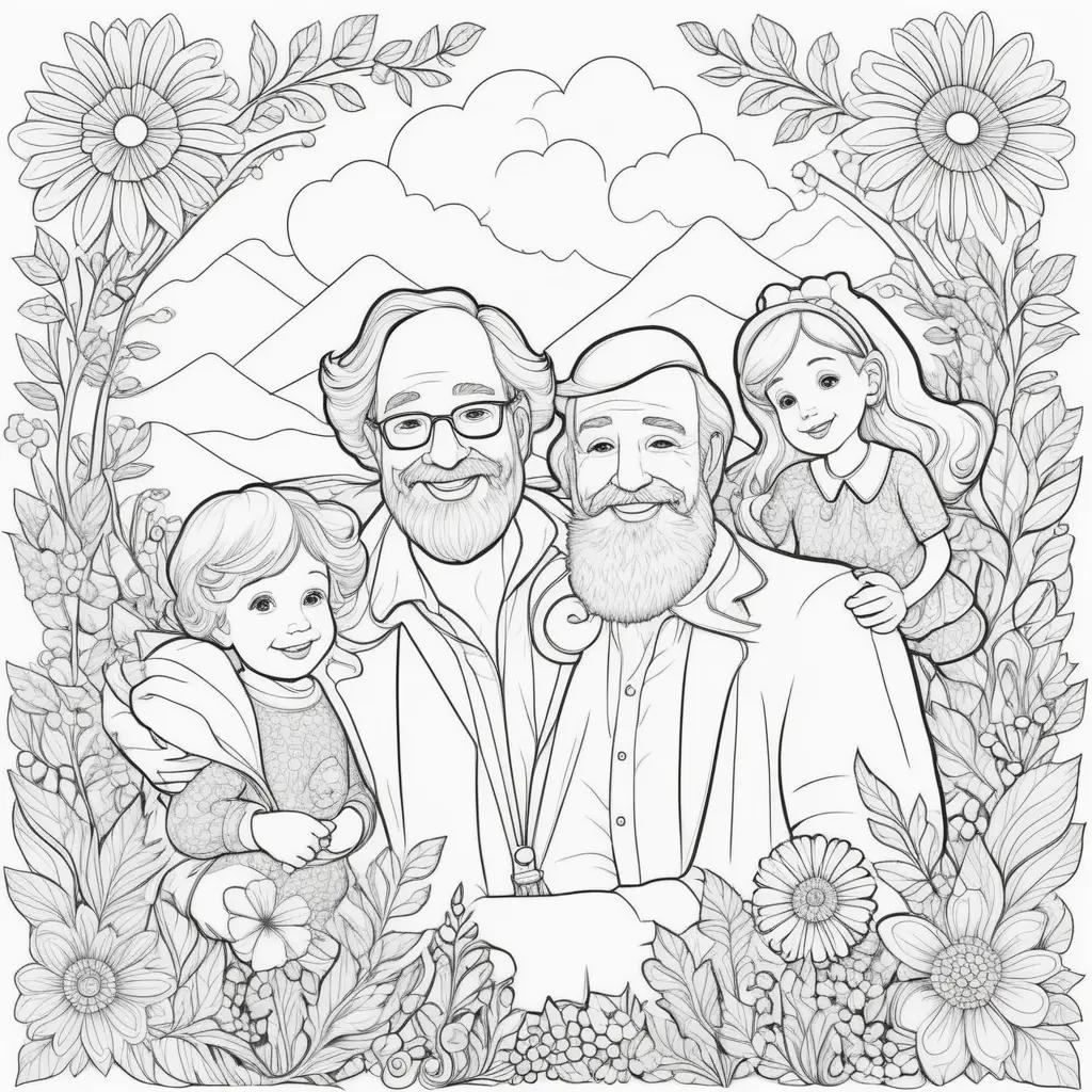 family coloring page with a father and his children