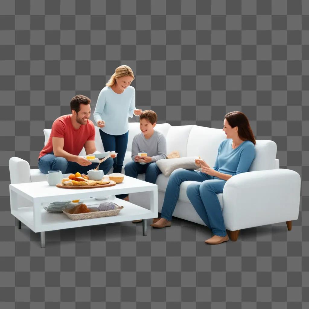 family enjoying a meal together in a white living room