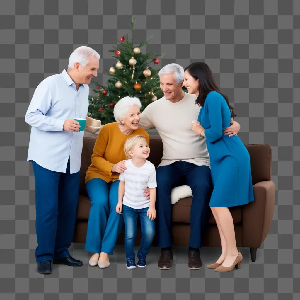 family gathers around a Christmas tree