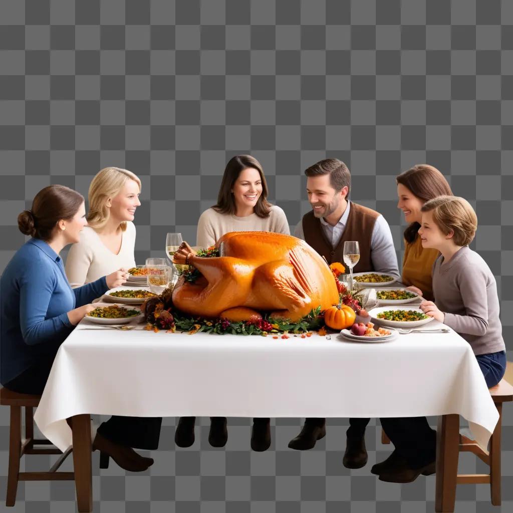 family gathers around a large turkey for Thanksgiving dinner