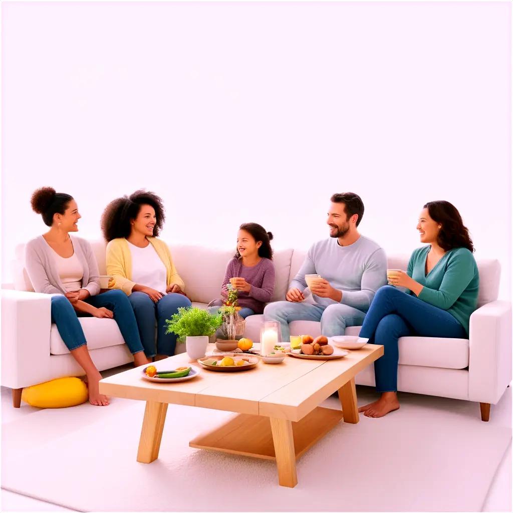 family of five sits on a white couch